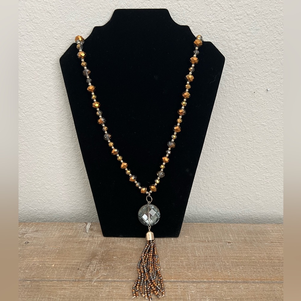 Chico's Long Bronze Brown Beaded Chunky Pendant Necklace Beaded Tassel Dressy